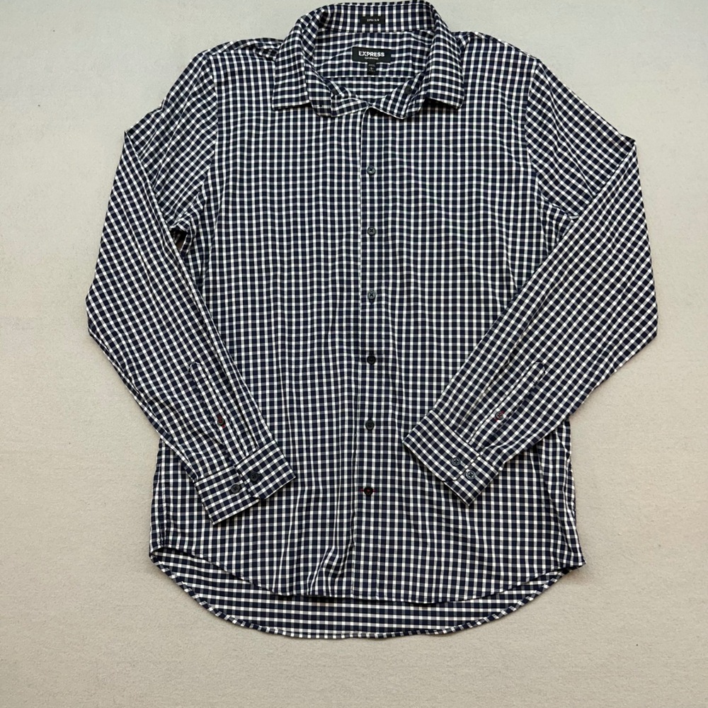 Express Performance Extra Slim Fit Gingham Dress Shirt Navy Blue White Mens L